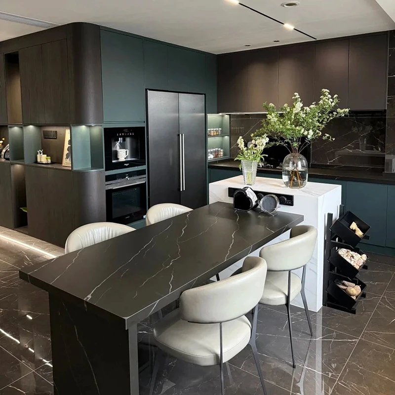 Immagine 3: Mobili da Cucina di Lusso Moderni per Villa di Alta Gamma, Armadietti Personalizzati Modulari in Legno Impiallacciato con Lavello