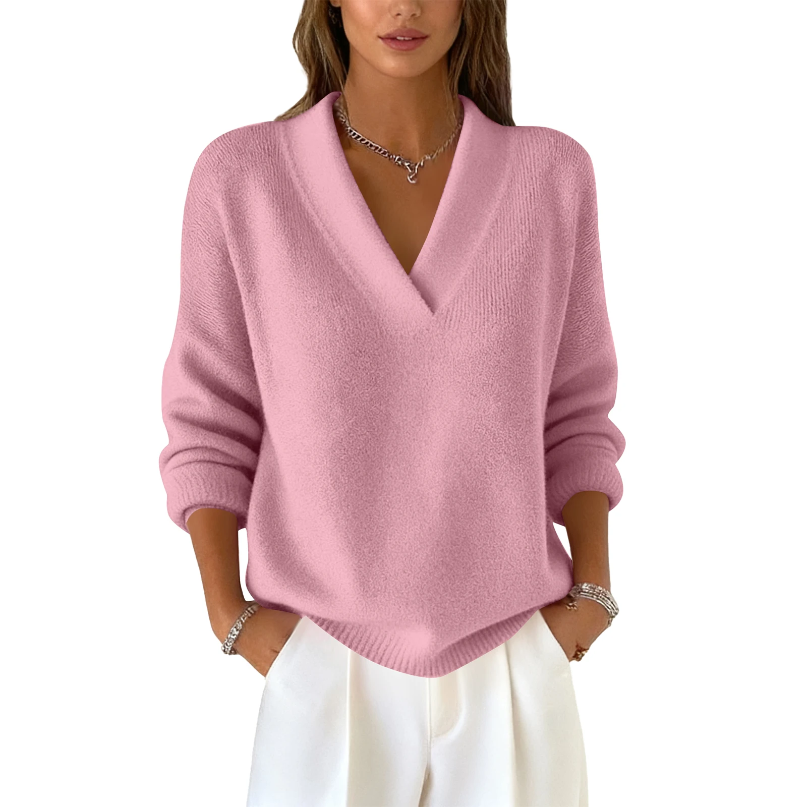 ニットセータートッププルオーバーレディーストップファッショナブルな長袖ソリッドカラーVネックデイリーマルチカラー人気セータートップ