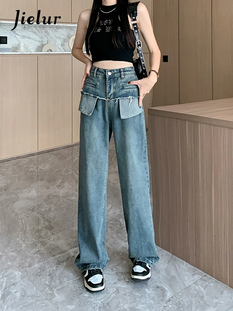 

Jielur Autumn Retro Slim Washed Women Jeans Casual Loose Fashion Wide Leg Jeans Female Blue High Waist Street Chic Woman Pants