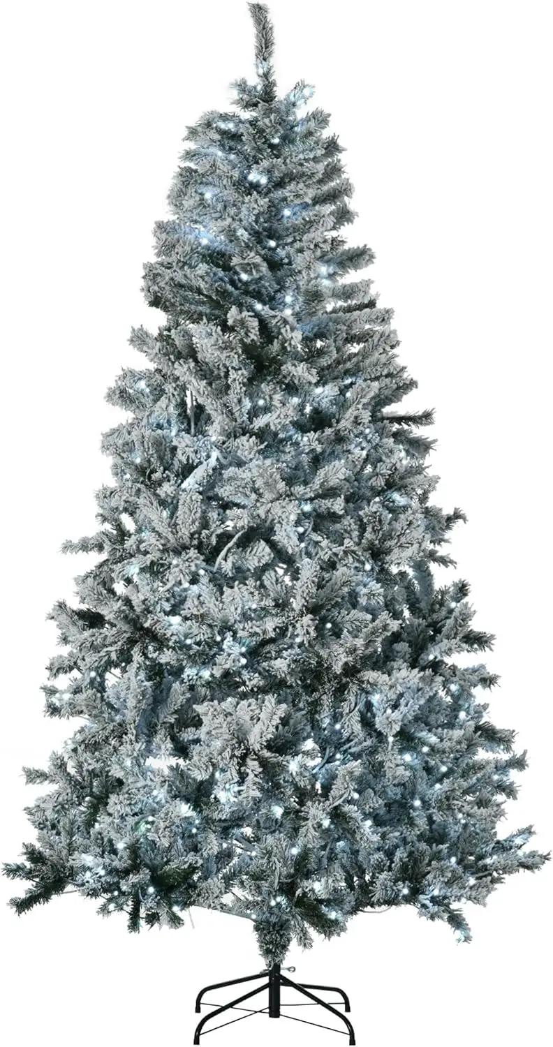 

7.5FT Prelit Artificial Christmas Tree with Snow Flocked Branches and LED Lights, Xmas Holiday Decoration - Green