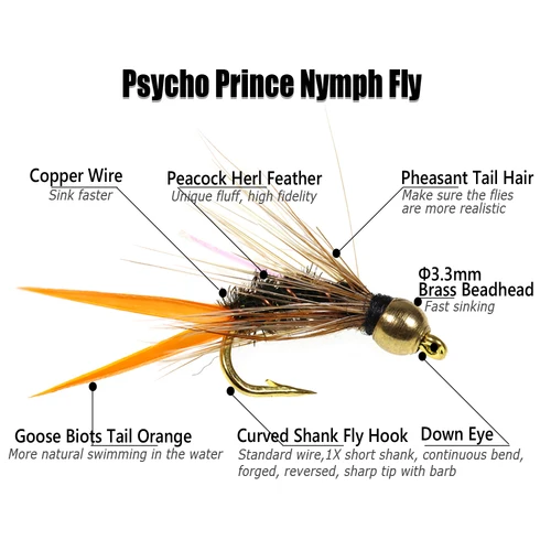 Imagen 2 del producto Bimoo 6PCS # 12 cabeza de cuentas de latón Psycho Prince ninfa mosca para Grayling Rainbow Brook marrón trucha pesca moscas señuelos cebo fregadero rápido