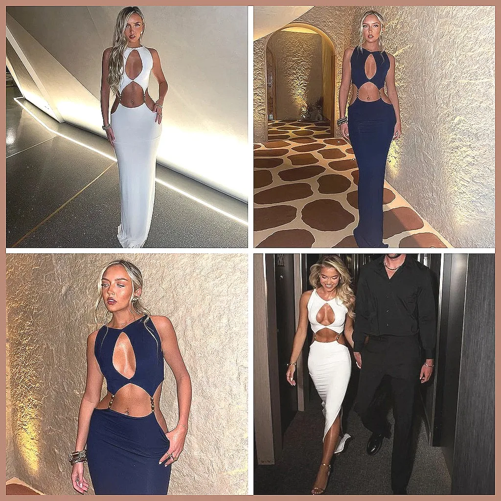 

Sexy Hollow Back Black Maxi Dress for Women, Slim Fit Open Waist Summer Sleeveless Dress (Characters: 78)