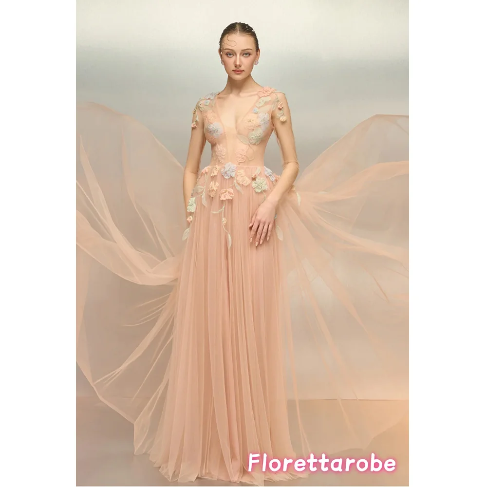 

Florettarobe Pink Colored Gauze V-Neck Floral Appliques 3D Flowers Evening Dresses Sweet Princess Party Prom Dress Customsized