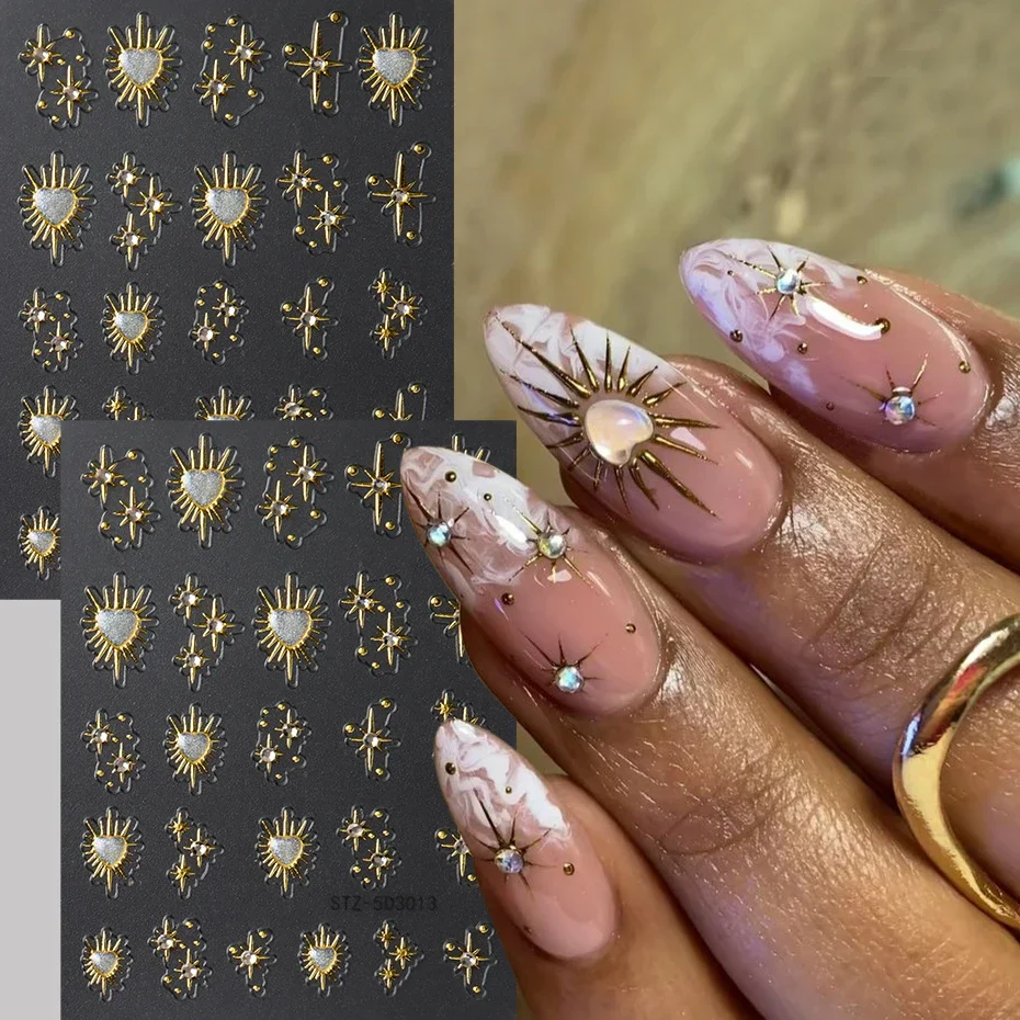 

2 pcs Shiny Crystal Stars Adhesive Nail Decals Golden Heart Starlight Stickers for Nails Halloween Thanksgiving Nail Art Accesso