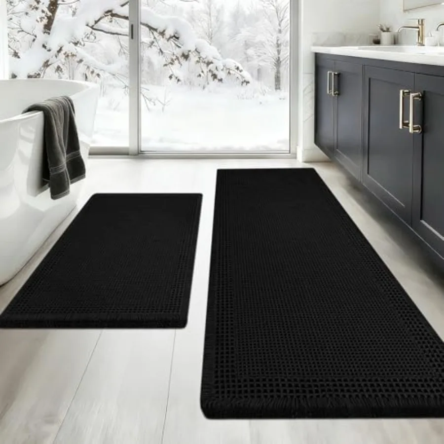 

Upgraded Waffle Bath Mat Set 2 Piece Black-Bordered Super Absorbent Non-Slip Quick Dry Bathroom Rugs with Tassels Machine Washa