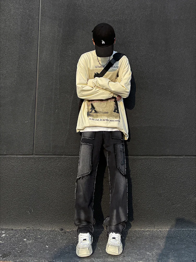 

Мужские джинсы American High Street Pure Black Micro Flared: модные прямые брюки на весну-осень, средняя посадка, застежка на молнии