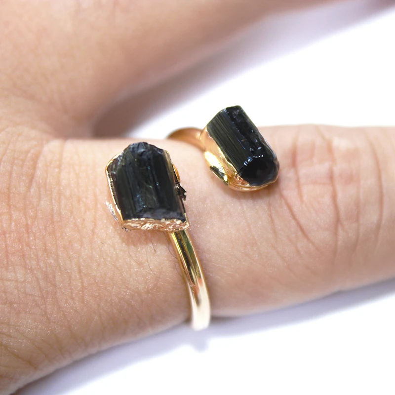 Irregular Black Tourmaline Rough Stone Open Ring Golden Handmade Finger Jewelry Adjustable Size