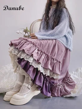 تنورة نسائية طويلة بطيات كاواي كلاسيكية مكشكشة، لوليتا يابانية، خصر مرتفع، تنانير كيك، خط غير منتظم، صيفي