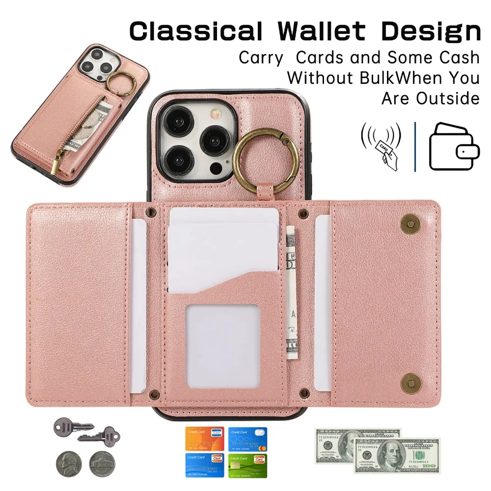 Crossbody Ring Card Holder Zipper Wallet Phone Case For iPhone 15 Pro Max 14 Plus 13 12 11 XS XR 7 8 SE 2020 2022 Leather Cover image 4