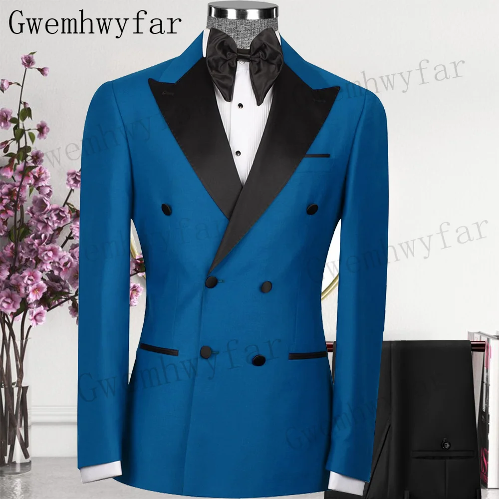 

Gwenhwyfar Elegant Men's Suit Dark Blue Double Breasted Peak Lapel Elegant Full Set Costume Homme Wedding Blazer 2 Piece Jacket