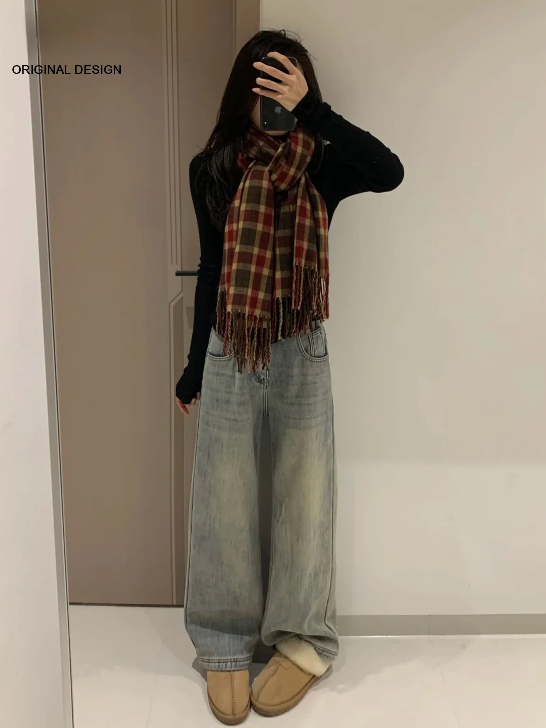 

Джинсы с широкими штанинами в американском стиле, женские свободные прямые брюки с эффектом похудения, повседневные брюки с высокой талией, высококачественный хлопковый смесовый материал