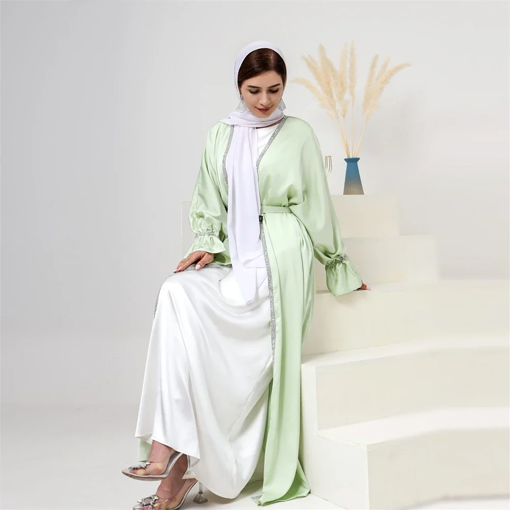 Dubai Middle East Abayas and White Dress 2 Pieces Set for Women Eid Ramadan Islamic Clothing Kimono Cardigan Robe Kaftan Kebaya