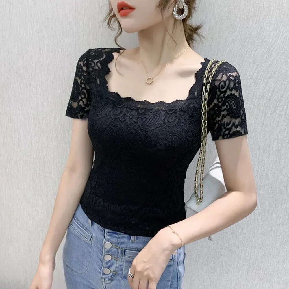 Square Collar Short Sleeve Top Fashion Female Blouses Shirt Persian Pattern Lace T Shirt Women Stretch Knitted Blouse X-G-Xinde