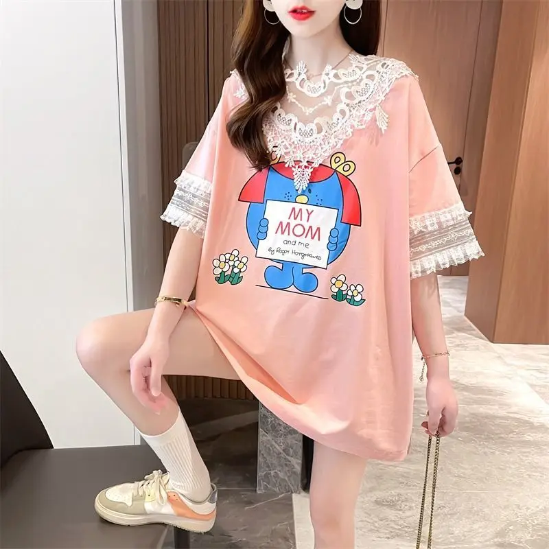 

DAYIFUN Summer T-shirt Women New Lace Splice Fake Two Piece Short Sleeve Tshirts Lady Korean Mid Length Cartoon Print Loose Tops