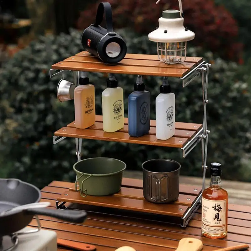 2 / 3 Layers Camping Storage Shelf Folding Picnic Food Rack Portable BBQ Storage Table Barbecue Seasoning Rack Camping Accessory