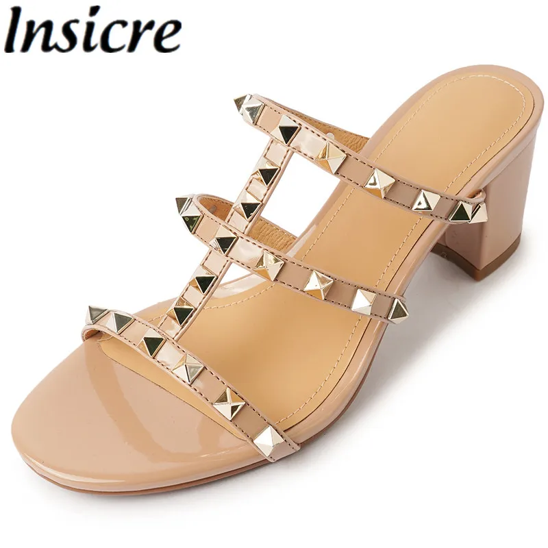 

Insicre 2023 Fashion Women Sandals Rivets Patent Leather Thick High Heels Summer Shoes Round Toe Size 41 Slipper