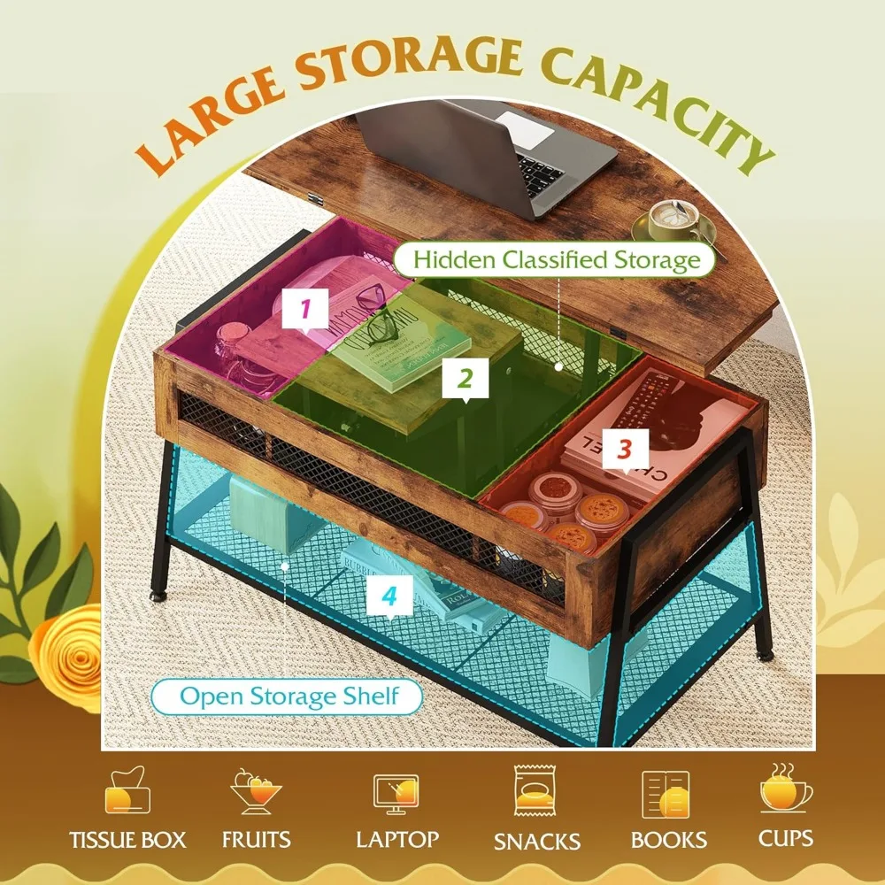 Lift Top Coffee Table, 3 in 1 with Hidden Compartment, Multi-Function Coffee Table Converts to Dining Table for Living Room