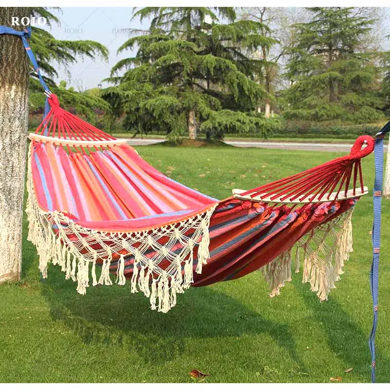 Nordic Style Canvas Hammock 2 Person Outdoor Camping Travel Hunting Hammock Bed Garden Swing Hanging Chair with Tassel Stick