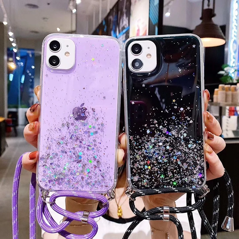 100pc Glitter Crossbody Case for OPPO A9 A5 Realme XT X2 6 5 3 Pro C2 K5 Reno 2 2Z 2F 3 4 Pro Necklace Lanyard Strap phone Cover