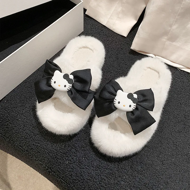 Ins Same Style New Cartoon Hello Kitty Princess Style Plush Slippers Girl Heart Bow Tie Autumn and Winter Home Fur Slippers