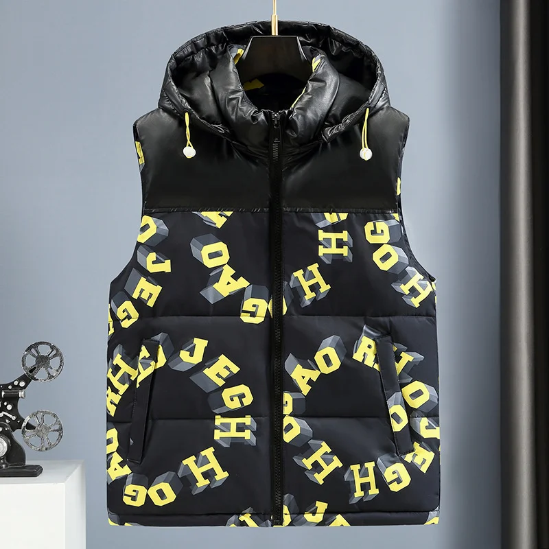 

#3621 Autumn Winter Sleeveless Jacket Men With Hooded Printed Vest Waistcoat Male Slim Down Vest Warm Vest Waistcoat Vest Jacket