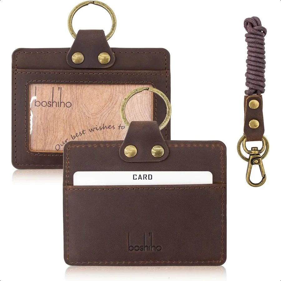 Ausweishalter: Ausweishalter aus Rindsleder mit 19-Umhängeband im horizontalen Stil, dunkelbraun