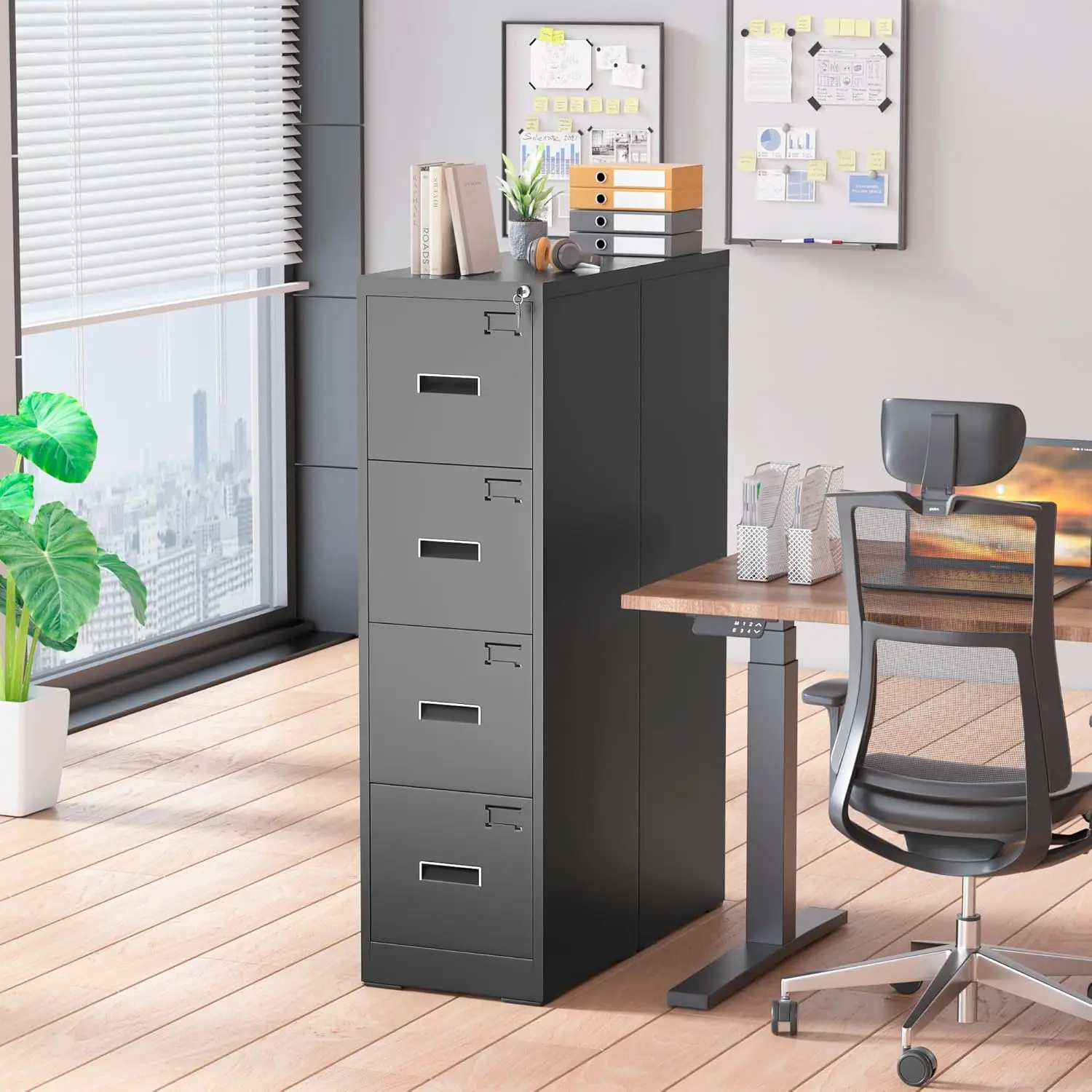 Greenvelly 4 Drawer File Cabinet With Lock, Black Metal Vertical File Cabinet For Home Office, Locking Filing Cabinet For