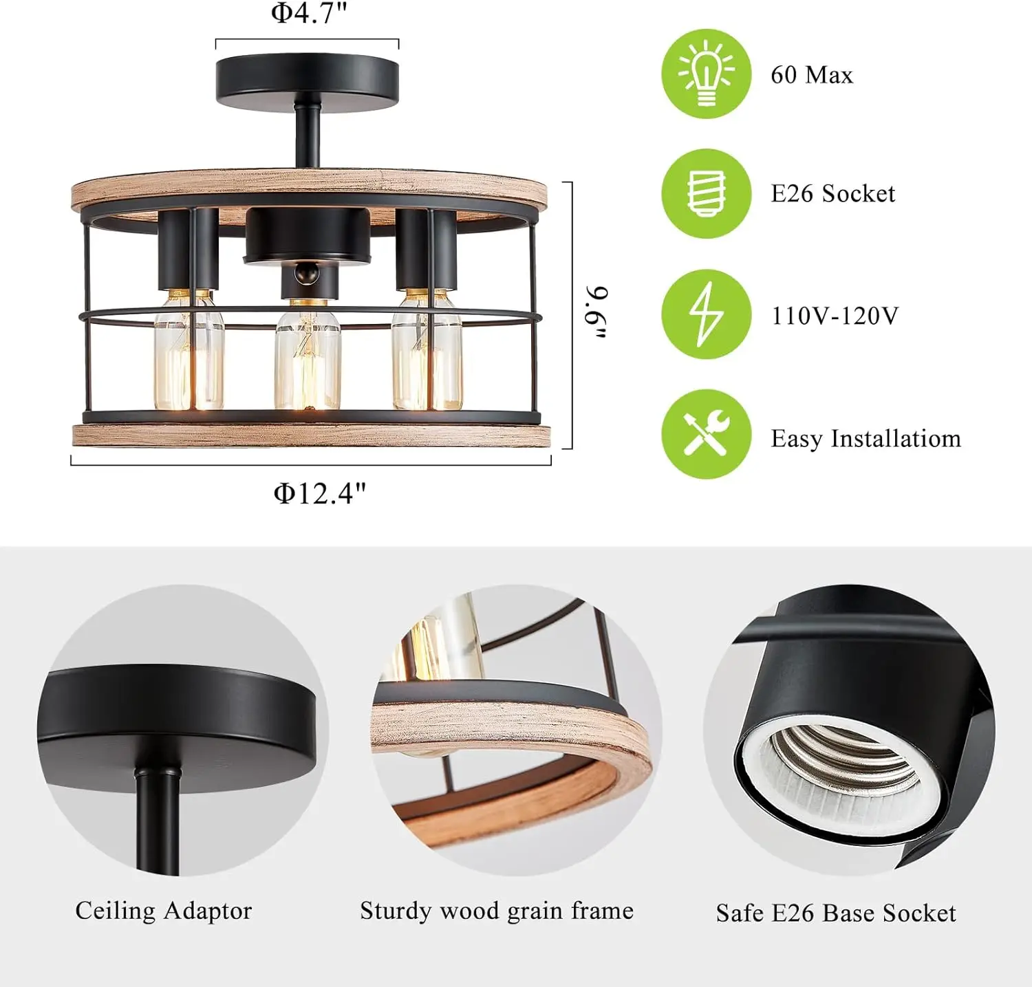 Lámpara de techo de montaje Semi empotrado, luz Vintage de granja, luz blanca, grano de madera, jaula de Metal