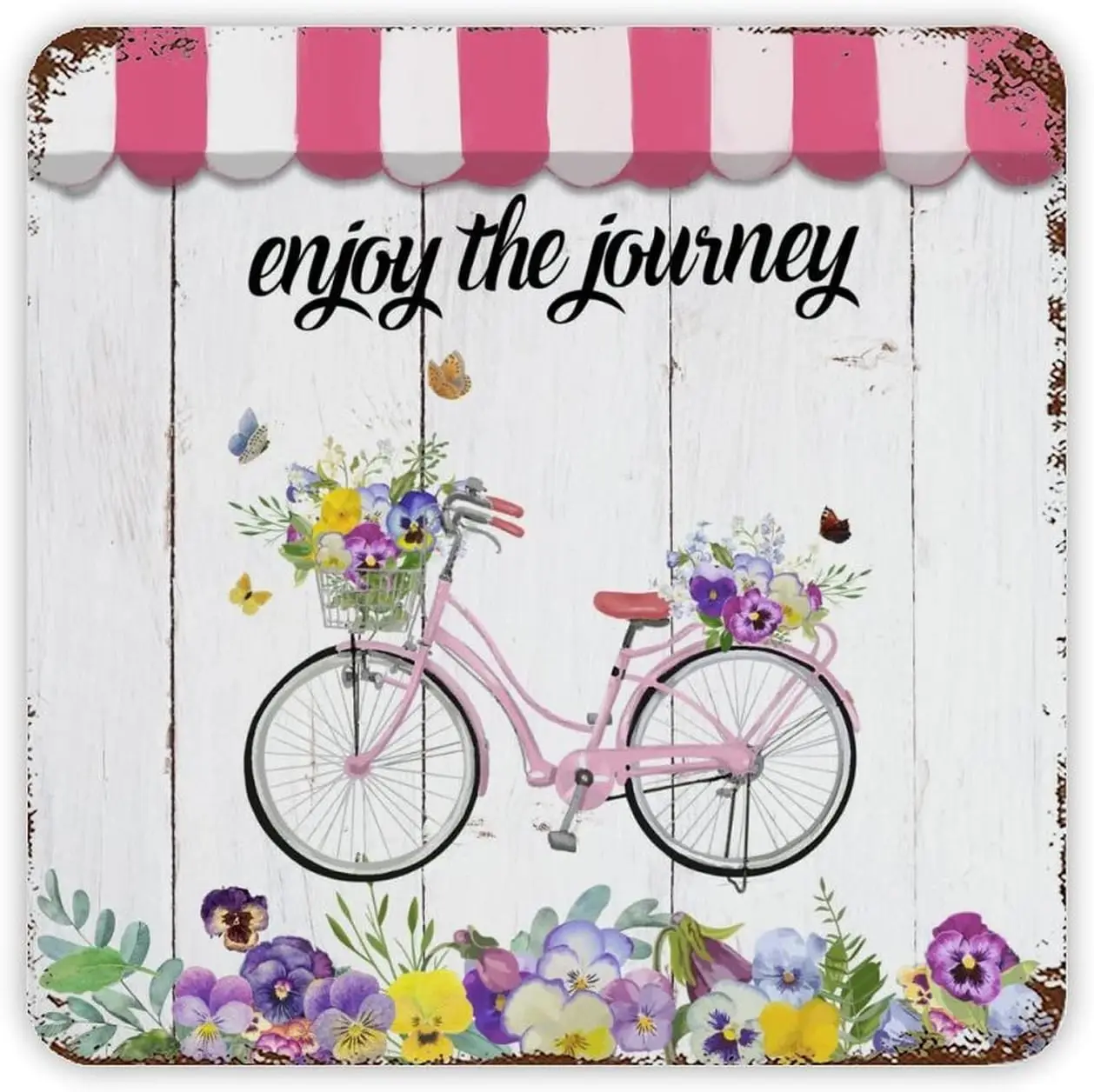 Pink Bicycle Pansy Tin Sign Bike with Basket and Flowers Metal Plaque Summer Fruit Art Print Southern Style Art