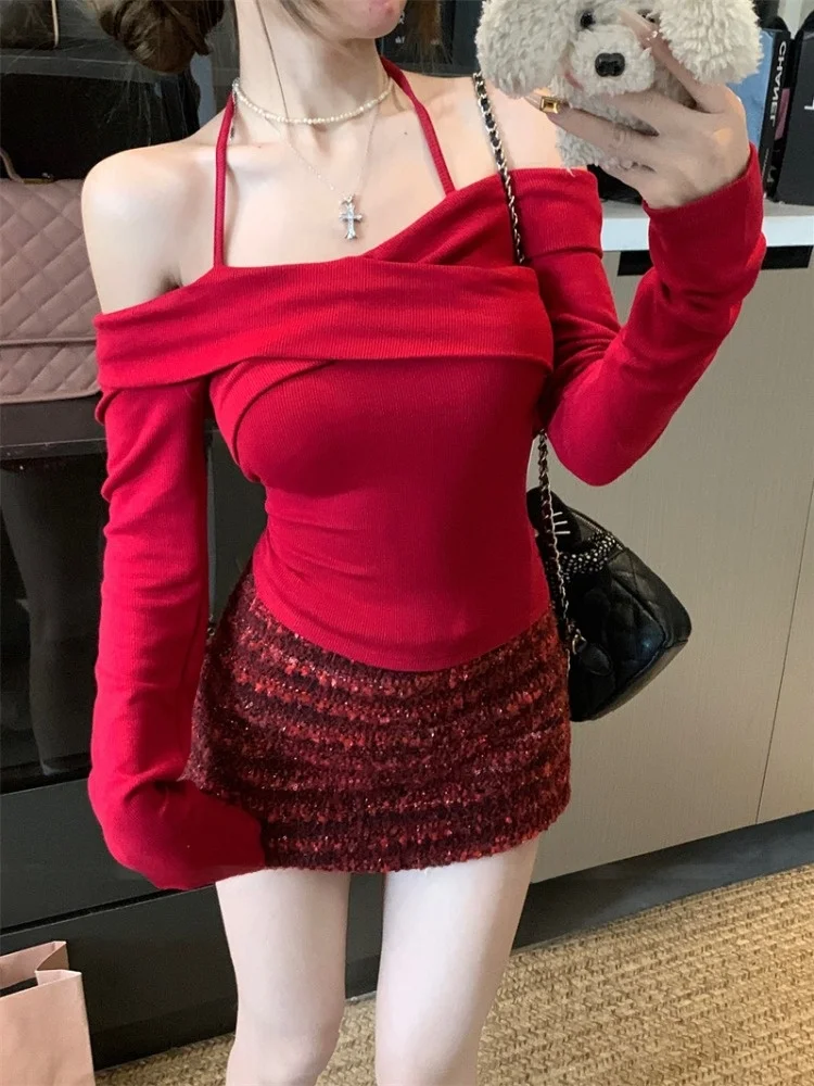 

Red Knitted Short Shoulder Bared Base Shirt Women's Autumn Winter Design Sensation Inner Wear Spicy Short Top Commute Style K...