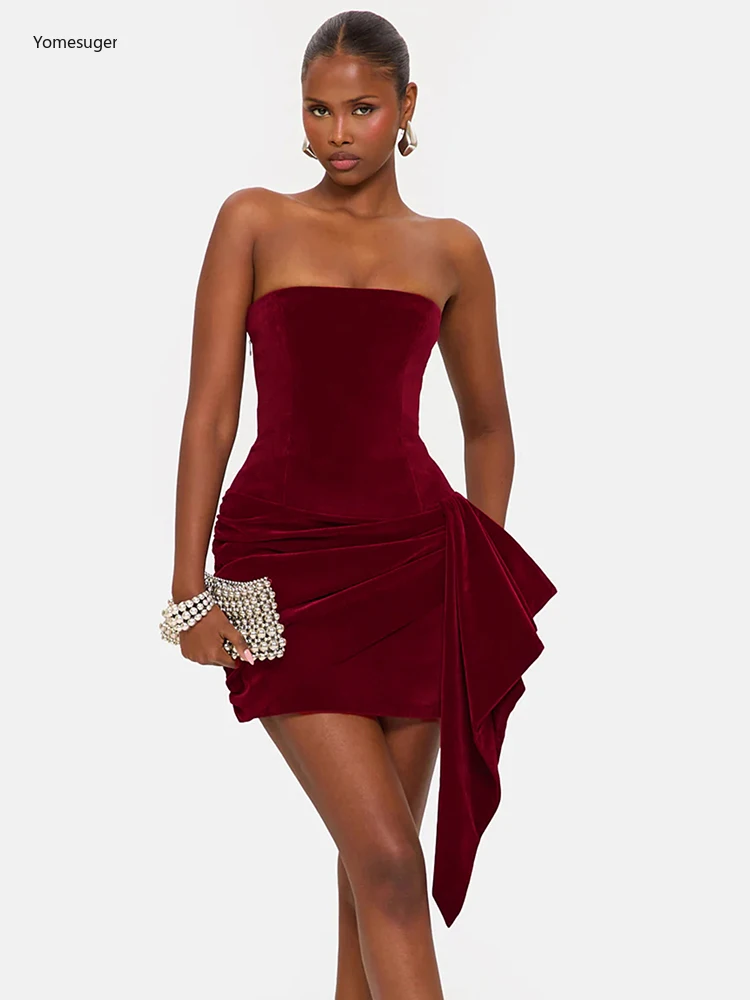 فستان Yomesugar لعيد الحب للنساء من جلد الغزال بدون حمالات بدون ظهر وشريط غير منتظم مكشكش فساتين قصيرة للحفلات والنوادي