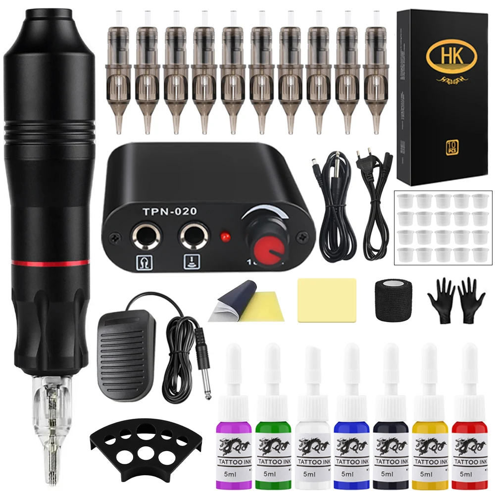 Complete Cartridge Tattoo Pen Machine Kit DC Rotary Machine Pen with Cartridge Needles Power Supply Inks for Tattoo Beginner Set