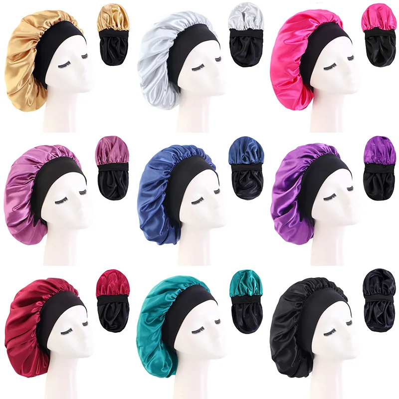 Women's Satin Solid Wide-brimmed Sleeping Hat Unisex Head Wrap Elastic Soft Band Cap Hair Care Large Bonnet Night Hat bonnet