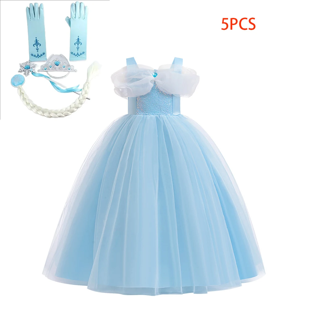 Fancy Girls Cinderella Princess Dress Kids Cosplay Sequin Party Dresses Young Girl Blue Evening Fashion Prom Gown Children Wear