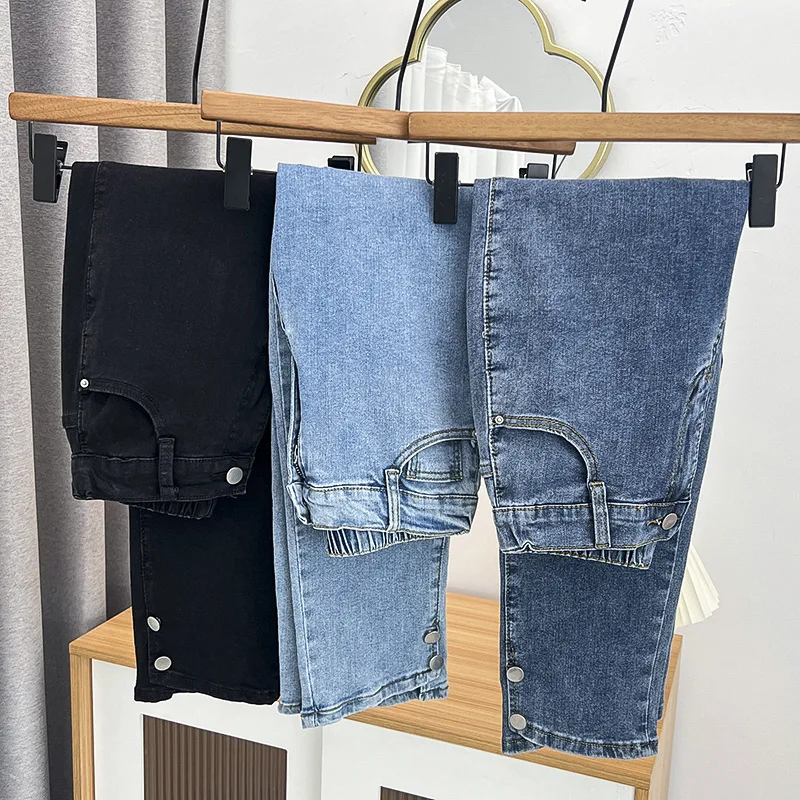 Drainpipe Jeans for Women, High Waist, Button Leg Opening, Slim Denim, Ankle-Length Straight Pants, Black, Plus Size, Boyfriend