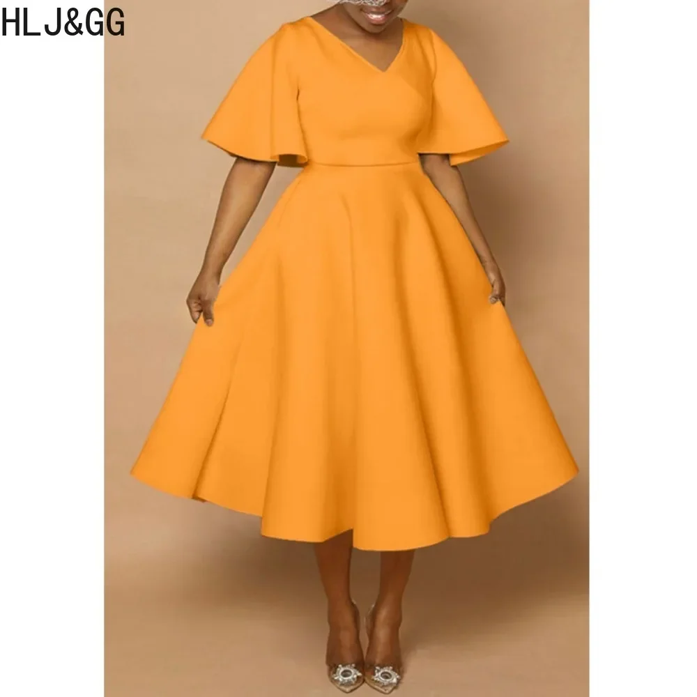 

HLJ&GG Orange Elegant Lady Solid Color A-line Mid Dresses Women V Neck Short Sleeve Slim Vestidos Female Ruched OL Clothing 2023