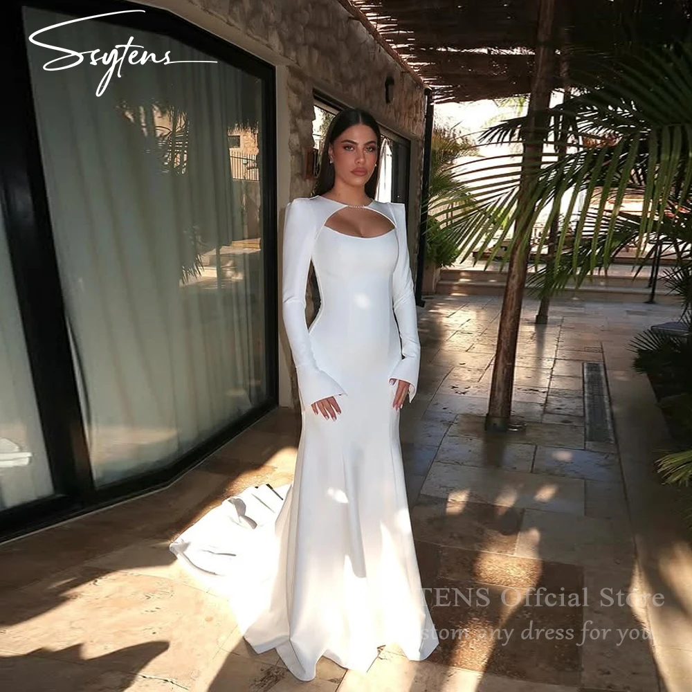 

SSYTENS Elegant White Mermaid Wedding Dresses Long Slevees Satin Bride Dresses With Train Customized Civil Beach Bridal Gowns