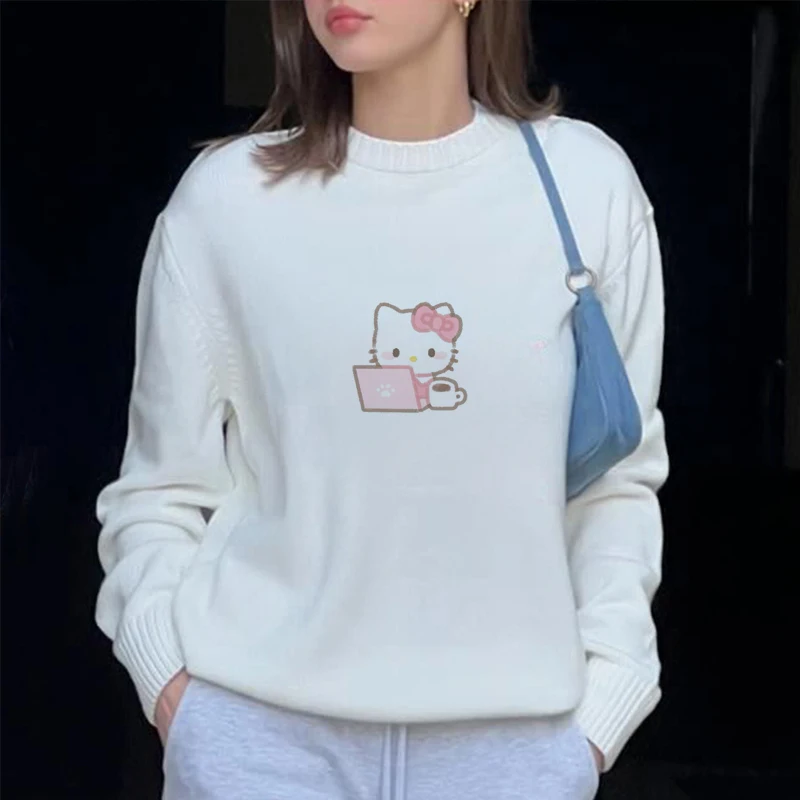 Sanrio Hello Kitty Print Knitted Pullovers For Female Round Neck Kawaii Anime Harajuku Knitwear Clothes 2000s Top Women Pullover