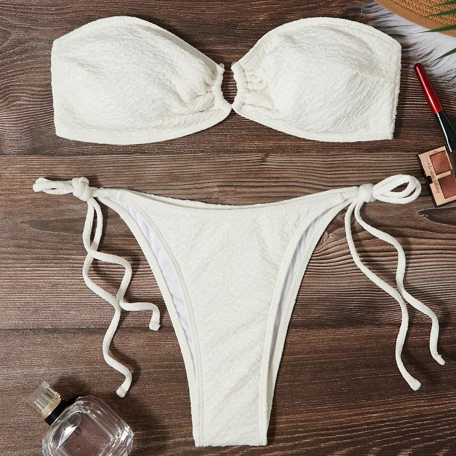 Green Bandeau Bikinis Sets De Mujer Metal Ring Texture Solid Swimwears Lace-up Micro Thong Sexy Swimsuit Women 2025 Biquinis