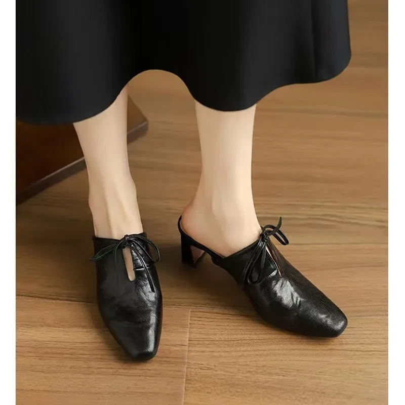 Dilalula 2025 Japanese Style Genuine Sheepskin Leather Slippers Women Covered Toe Thick High Heels Party Dress Mules Ladies