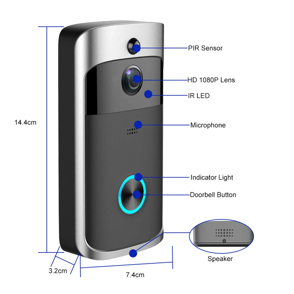 Campainha de segurança doméstica inteligente sem fio, porteiro de vídeo, visão noturna IR, a pilhas, Wi-Fi, 720P HD, AC, novo