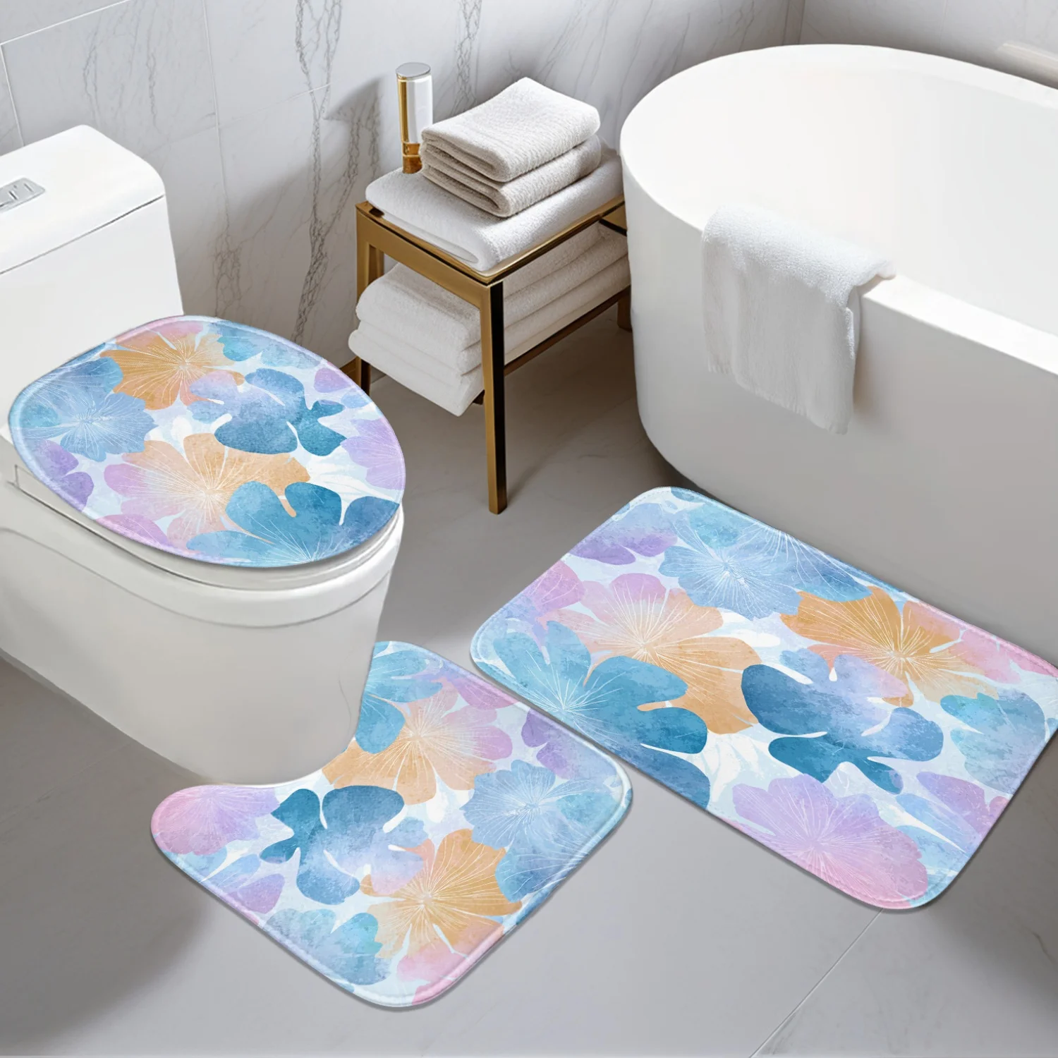 Противоскользящий коврик для ванной комнаты, набор из 3 предметов, свежий и красочный цветочный 2D-плоский узор, цифровая печать включает противоскользящий коврик, Usha