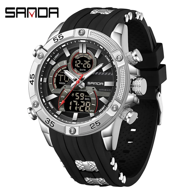 

SANDA Brand New Men's Electronic Watch Sports 50m Waterproof Luminous Chronograph Dual Display Digital Digital Wristwatches Male