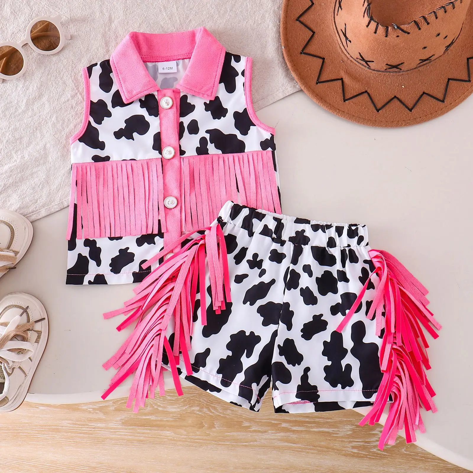 Hot Selling Girls Summer 2 Piece Set Cow Print Sleeveless Collared Tank Top + Fringe Shorts Trendy Kids Outfits for 6M-4Y