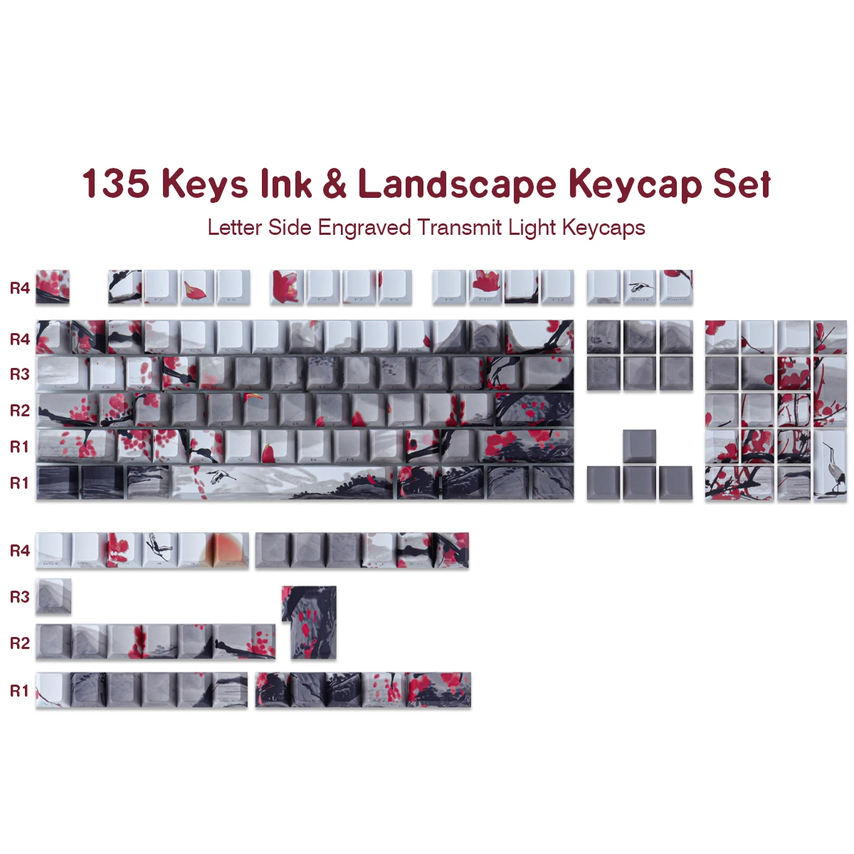 PBT Keycaps Side Printed Keycap Set 135 Keys Shine Through Landscape Painting Cherry Profile Keycaps for Mechanical Keyboards