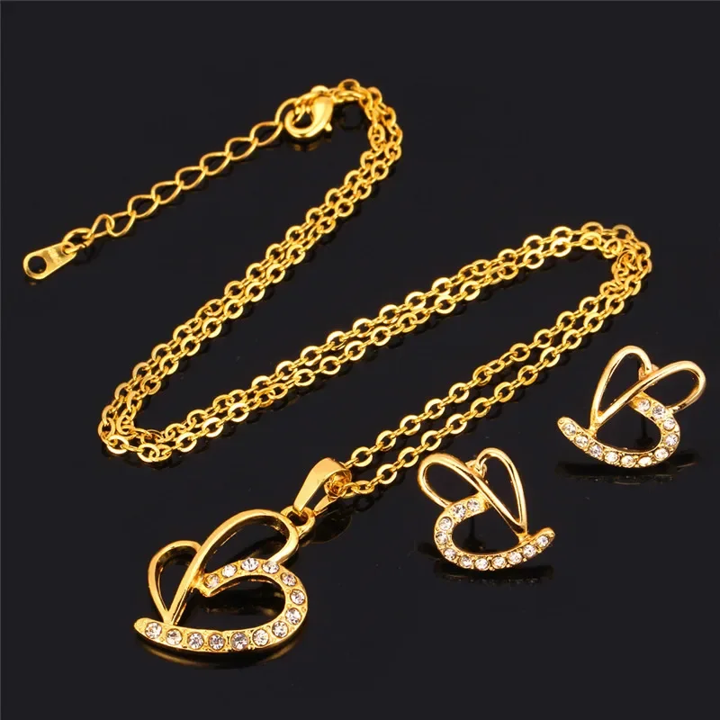 U7 Heart Necklace Set Women Gift Silver Color Gold Color Rhinestone Wedding Jewelry Earrings Necklace Jewelry Sets QC24