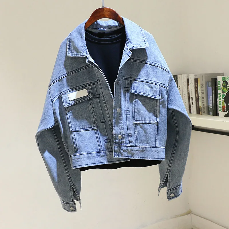 

Spring Vintage Wash Blue Denim Jacket Women Harajuku Loose Short Student Outerwear Big Pocket Batwing Sleeve Jeans Jacket Female