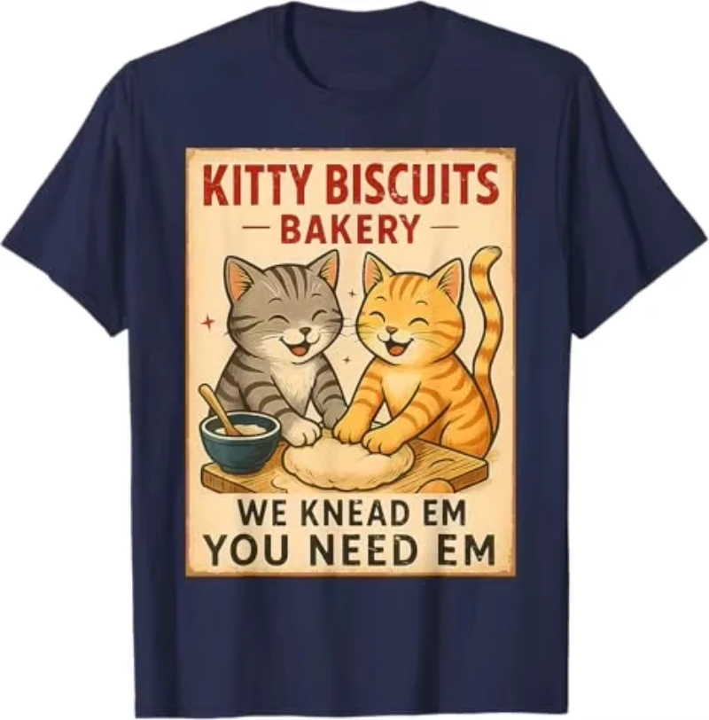 

Kitty Biscuits Bakery T-Shirt Funny Cat Shirt for Women Best Friends Novelty Gift Cat Kneading Baker Y2k Cotton Printed Tee Tops