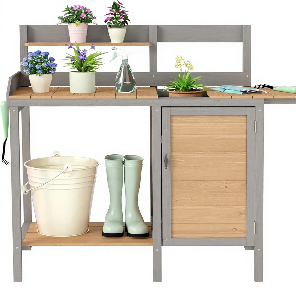 Wooden Potting Bench Table with Sink and Lacquered Finish Outdoor Garden Workstation with Storage for Lawn and Patio