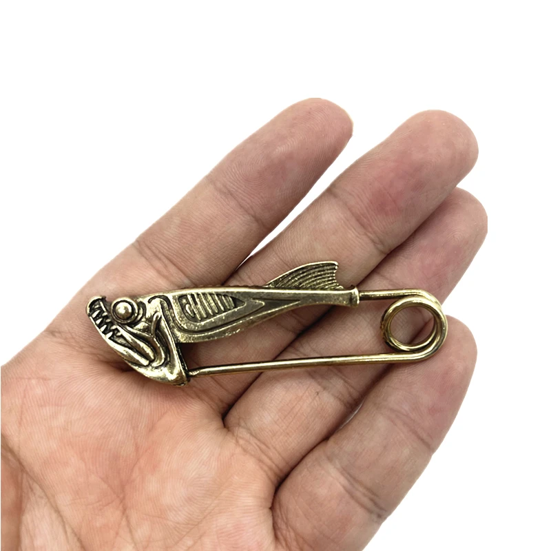Retro Brass Piranha shape Brooch Fish Head Pin Animal series Pendant Key Chain Bag Hanging Exquisite Handmade Accessories